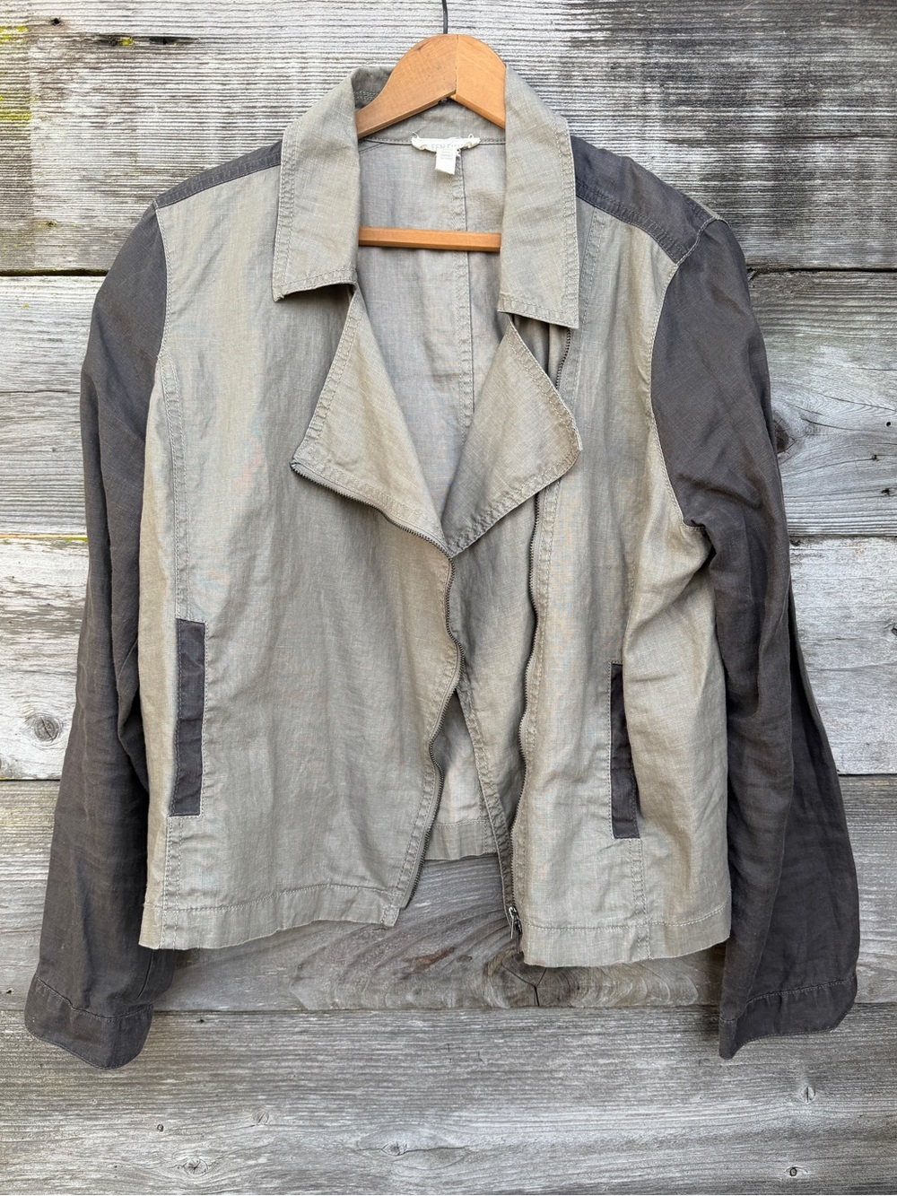 Eileen Fisher Coated Organic Linen Asymmetric Zip Moto Jacket